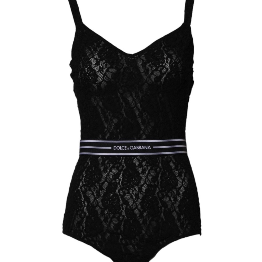 Dolce & Gabbana Black Lace Bodysuit with Branded Waistband